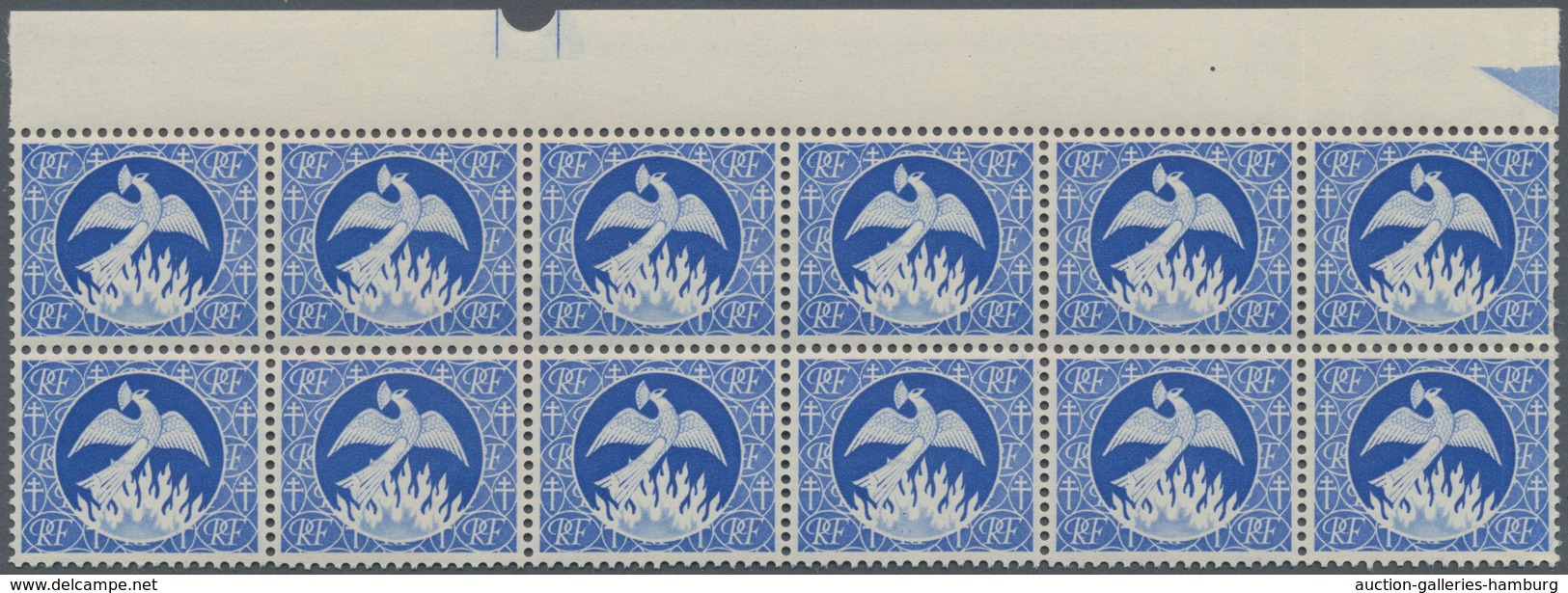 Frankreich: 1945, "Phoenix", Saving/Credit Stamps In Blue Without Value, Top Marginal Block Of 12, M - Gebraucht