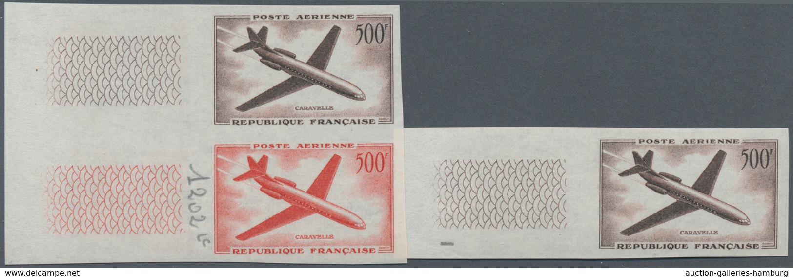 Frankreich: 1957, Airmail Stamp 500 Fr. Caravelle As Color Sample Imperforated In Vertical Pair Or A - Gebraucht