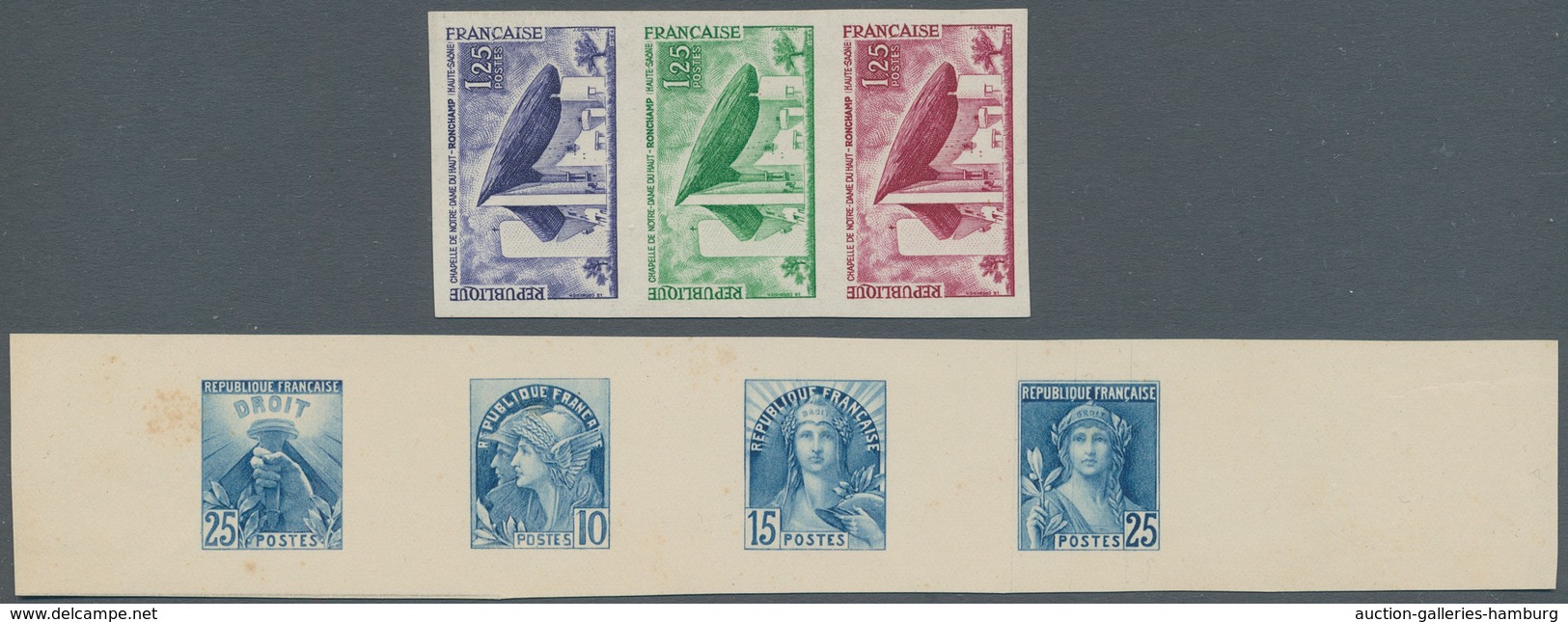 Frankreich: 1964, Church Of Ronchamp 1,25 Fr In Vertical Strip Of Three As Colour Samples And 4 Draf - Gebraucht