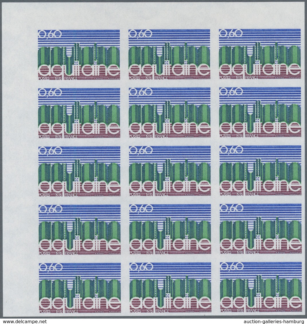 Frankreich: 1976, Regions in France complete set of five 0.25fr. Centre, 0.60fr. Aquitane, 0.70fr. L