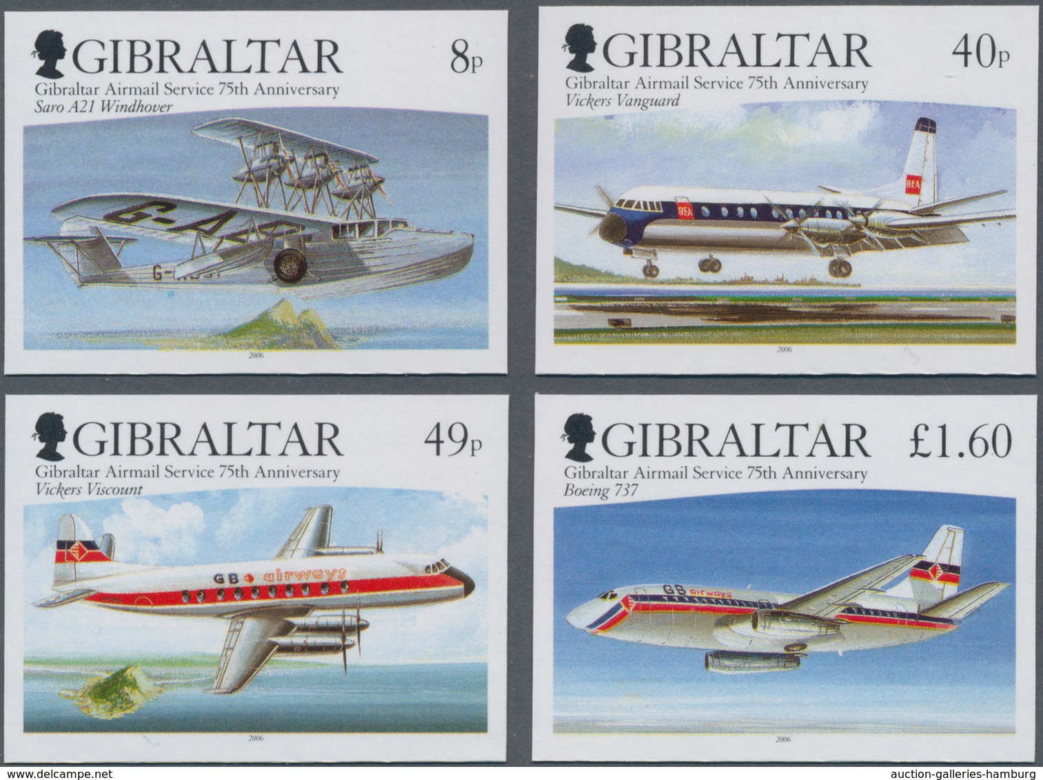 Gibraltar: 2006. Complete Set "75 Years Airmail Service Of Gibraltar" (4 Values) In IMPERFORATE Sing - Gibraltar