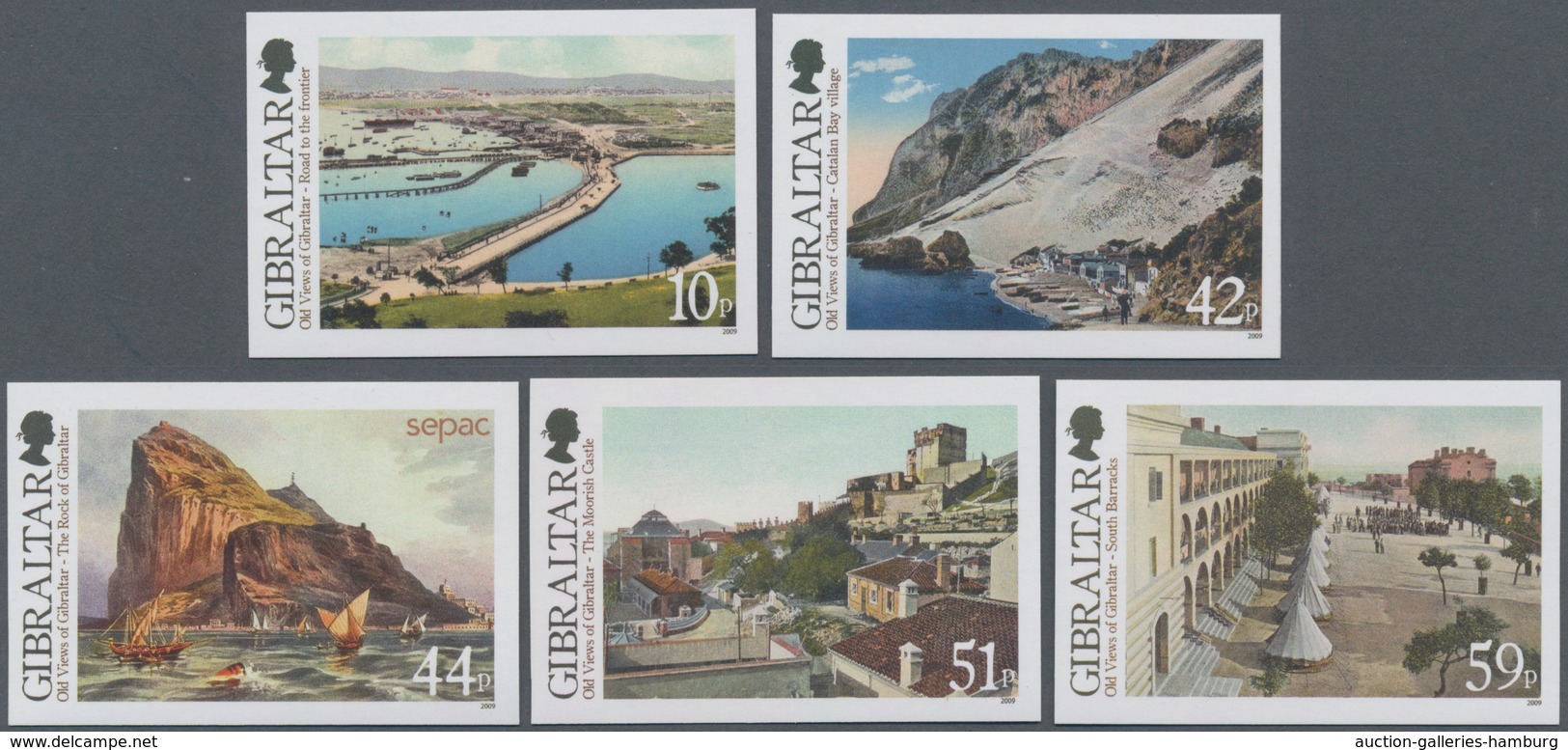 Gibraltar: 2009. Complete Set (5 Values) "Old Views Of Gibraltar" In IMPERFORATE Single Stamps Showi - Gibraltar