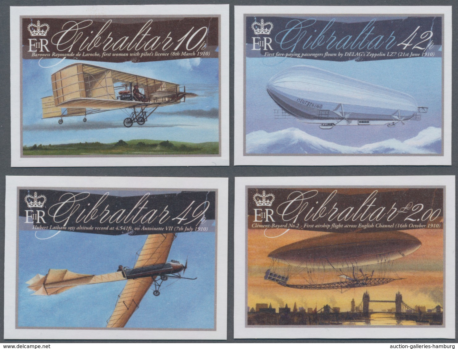 Gibraltar: 2010. Complete Set (4 Values) "100-Year Anniversaries Of Aviation" In IMPERFORATE Single - Gibilterra