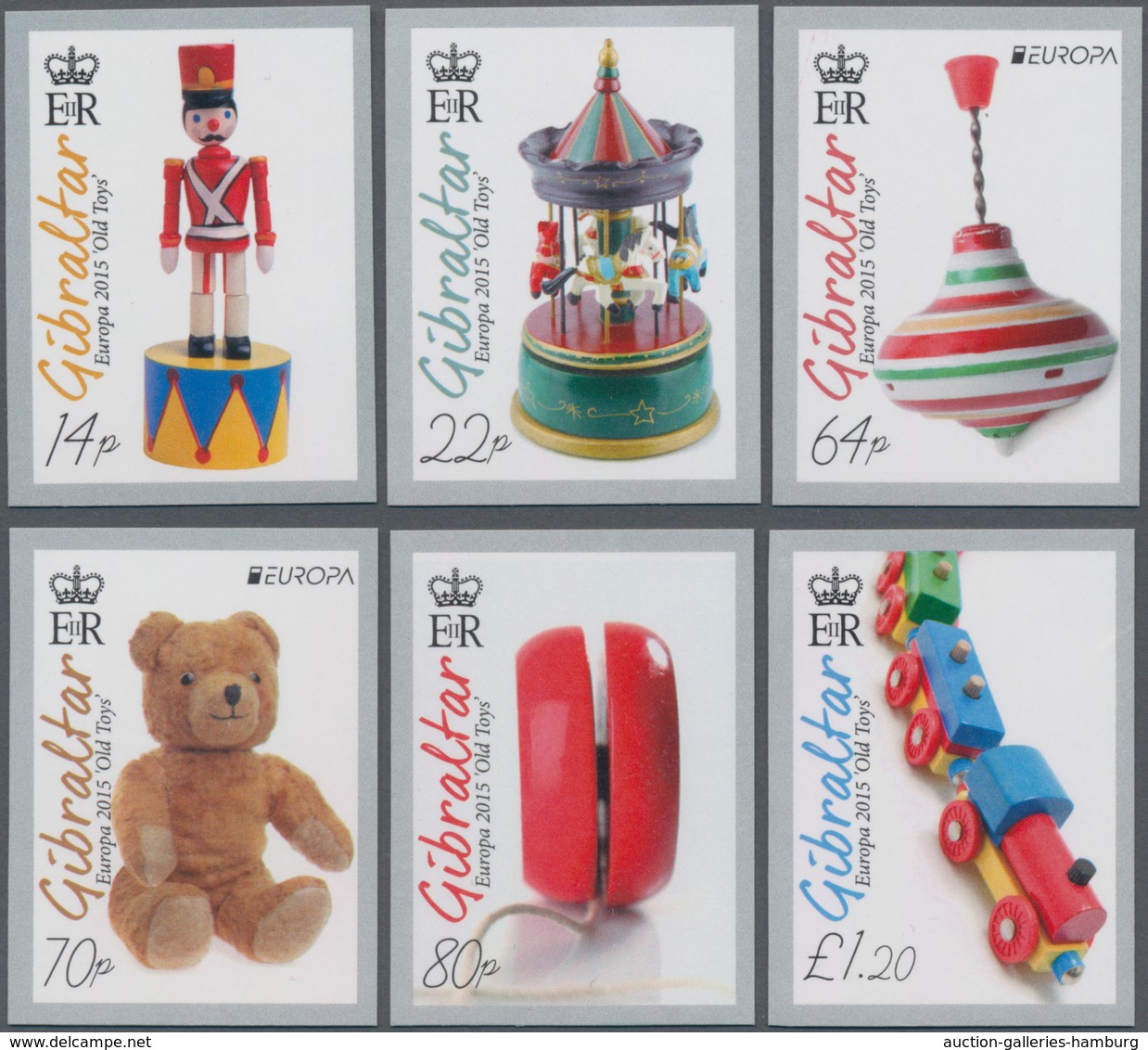 Gibraltar: 2015. Complete Set (6 Values) "Europe: Historical Toys" In IMPERFORATE Single Stamps Show - Gibraltar