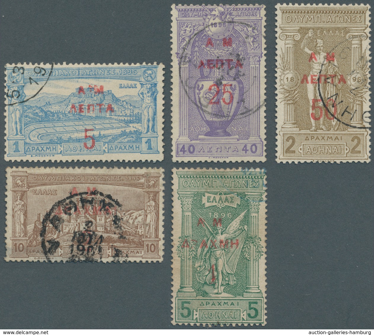 Griechenland: 1900, Overprint Issue 5 L. On 1 Dr. - 2 Dr. On 10 Dr., Used, Fine, 1 Dr. On 5 Dr. Sign - Covers & Documents