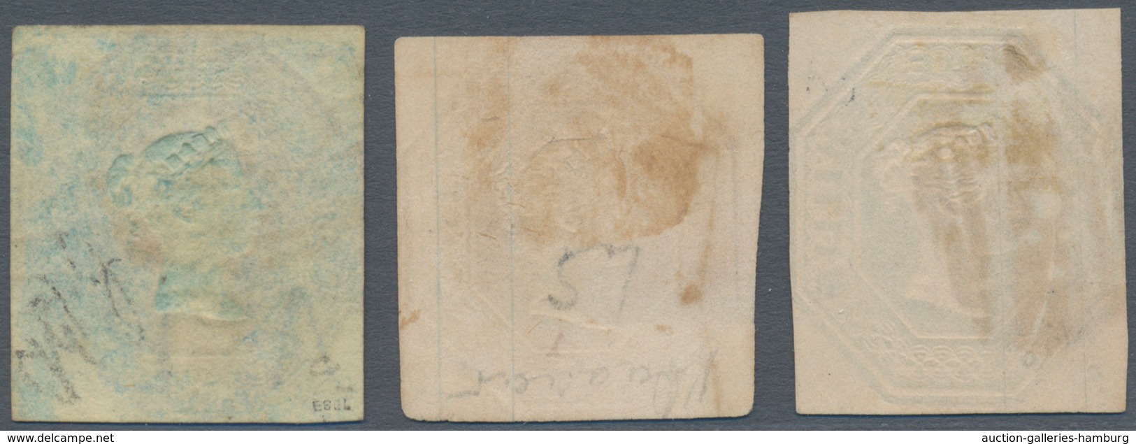 Großbritannien: 1847-54 Embossed 1s. Green, 10s. Brown And 6s. With Watermark Inverted, All Used And - Other & Unclassified