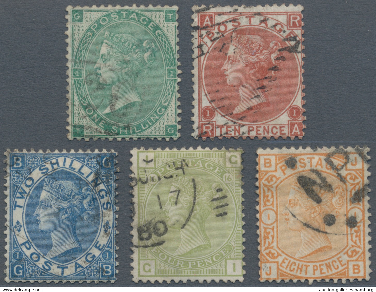 Großbritannien: 1862-1876, Five Different Used Stamps, See SG Numbers. The 1s. Of 1862 With A Short - Other & Unclassified