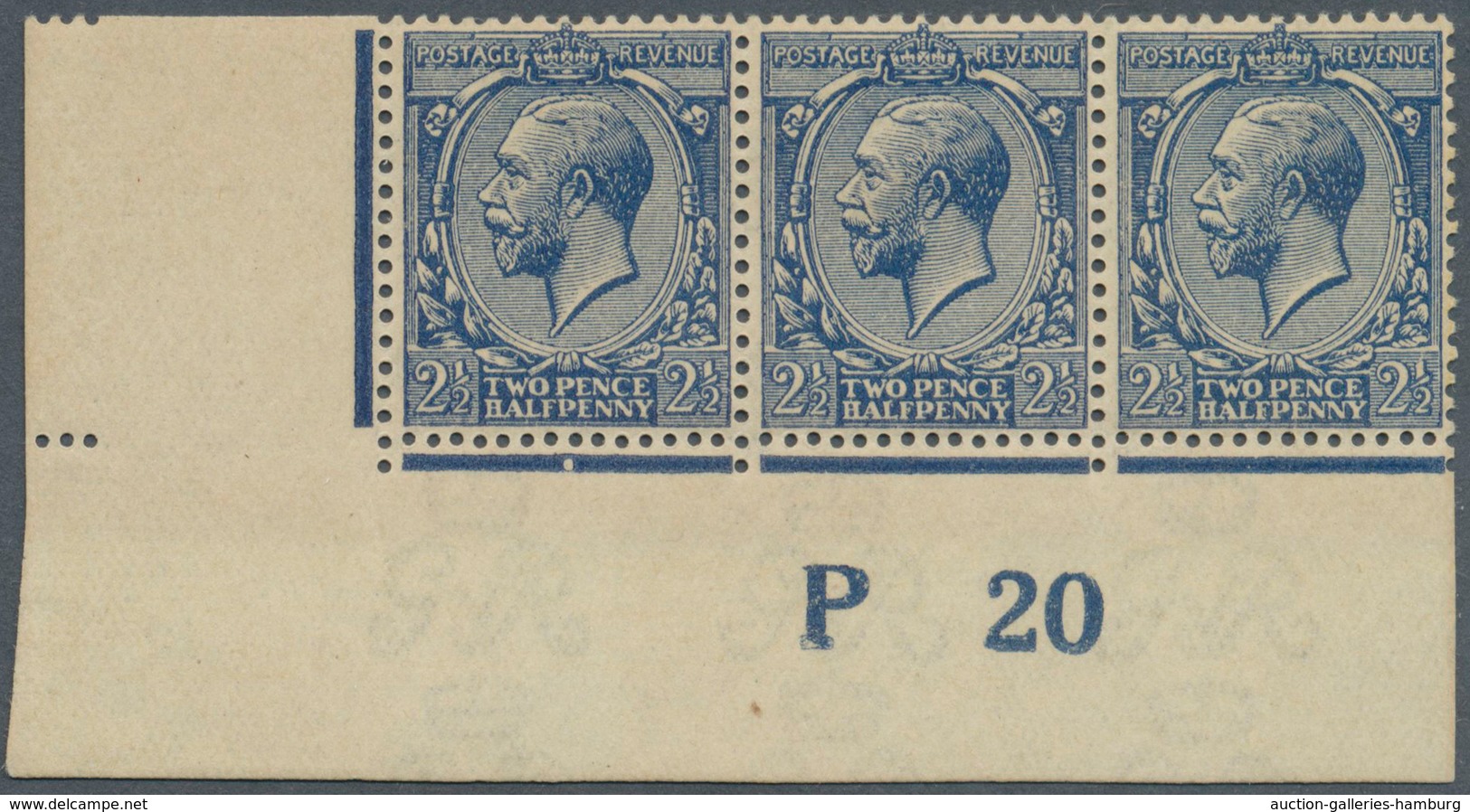 Großbritannien: 1920, 2½d. ROYAL BLUE, Marginal Strip Of Three From The Lower Left Corner Of The She - Other & Unclassified