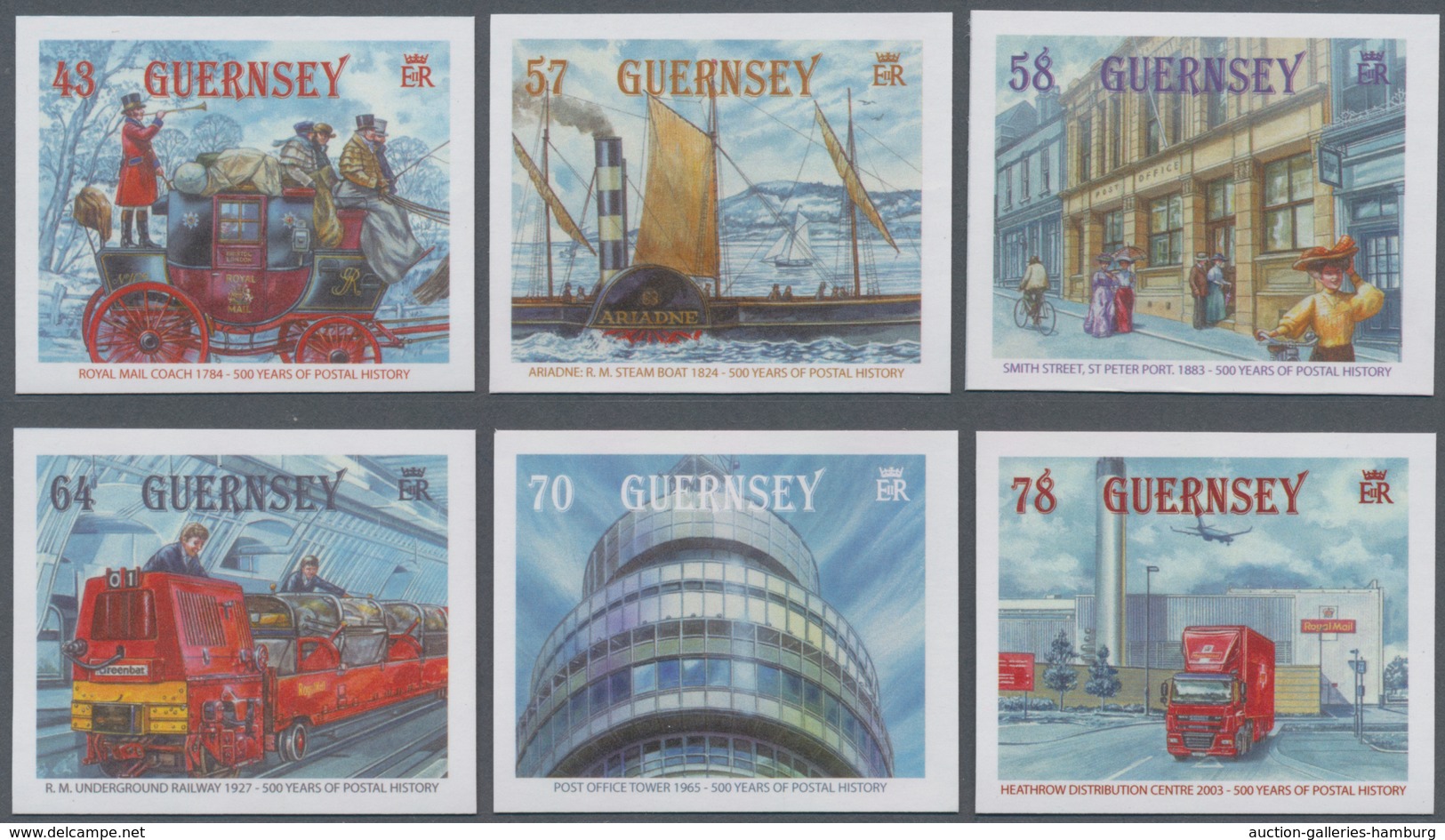Großbritannien - Guernsey: 2016. Complete Set (6 Values) "500 Years Of British Post" In IMPERFORATE - Guernsey