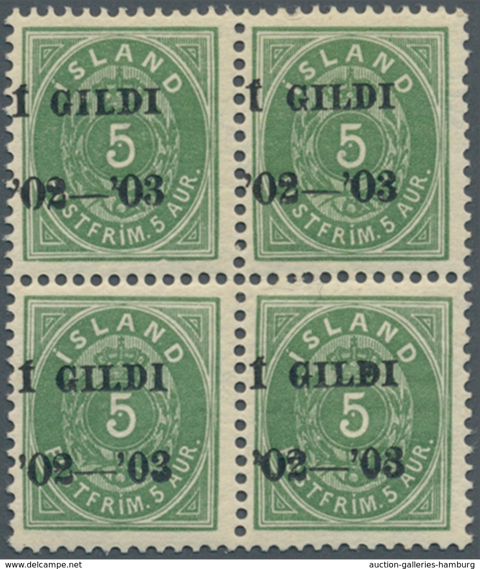 Island: 1902, Gildi Overprints, 5a. Green, Perf. 12¾, BLACK Overprint, Block Of Four, Bright Colour, - Other & Unclassified