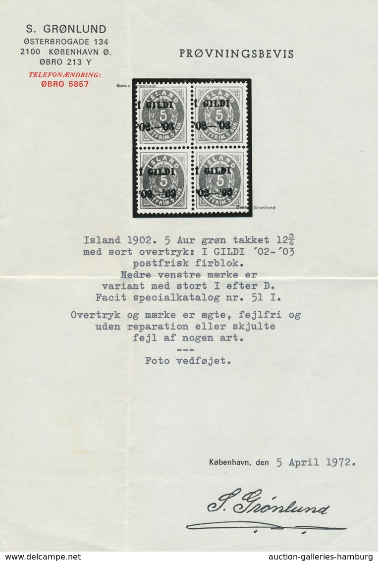 Island: 1902, Gildi Overprints, 5a. Green, Perf. 12¾, BLACK Overprint, Block Of Four, Bright Colour, - Sonstige & Ohne Zuordnung