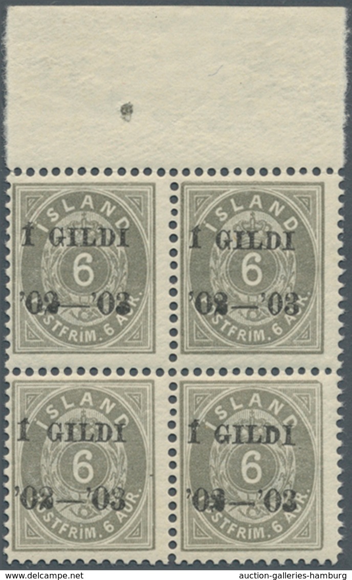 Island: 1902, Gildi Overprints, 6a. Grey, Perf. 12¾, BLACK Overprint, Top Marginal Block Of Four, Br - Sonstige & Ohne Zuordnung