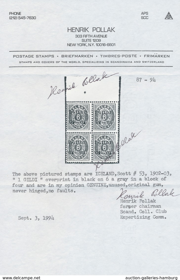 Island: 1902, Gildi Overprints, 6a. Grey, Perf. 12¾, BLACK Overprint, Top Marginal Block Of Four, Br - Other & Unclassified