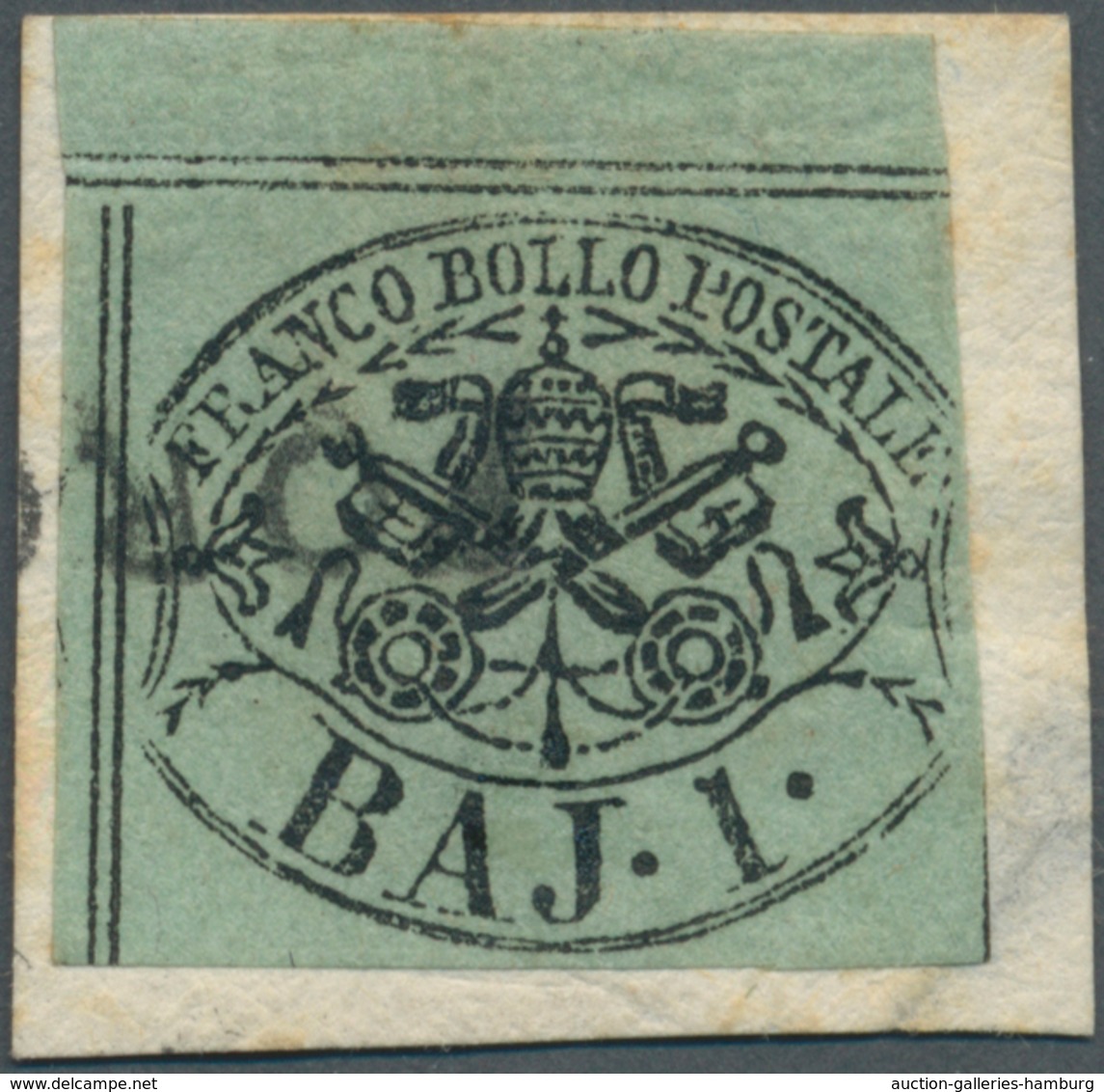 Italien - Altitalienische Staaten: Kirchenstaat: 1852, 1 Baj Black On Green, Stamp From Top Margin, - Kirchenstaaten