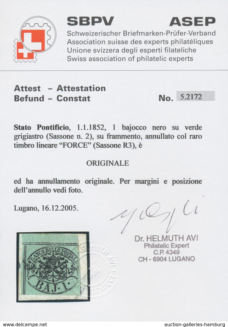 Italien - Altitalienische Staaten: Kirchenstaat: 1852, 1 Baj Black On Green, Stamp From Top Margin, - Kirchenstaaten