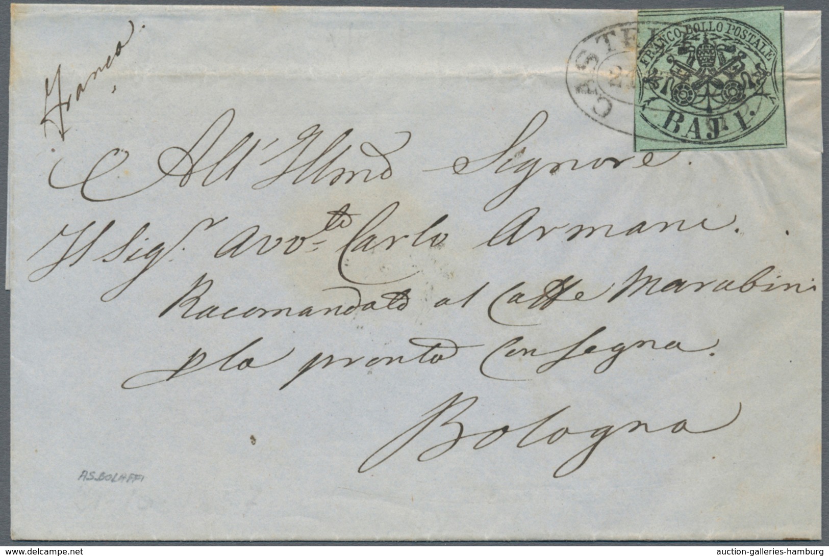 Italien - Altitalienische Staaten: Kirchenstaat: 1852, 1 Greyish-green Bajocco On A Letter Sent Dire - Kirchenstaaten