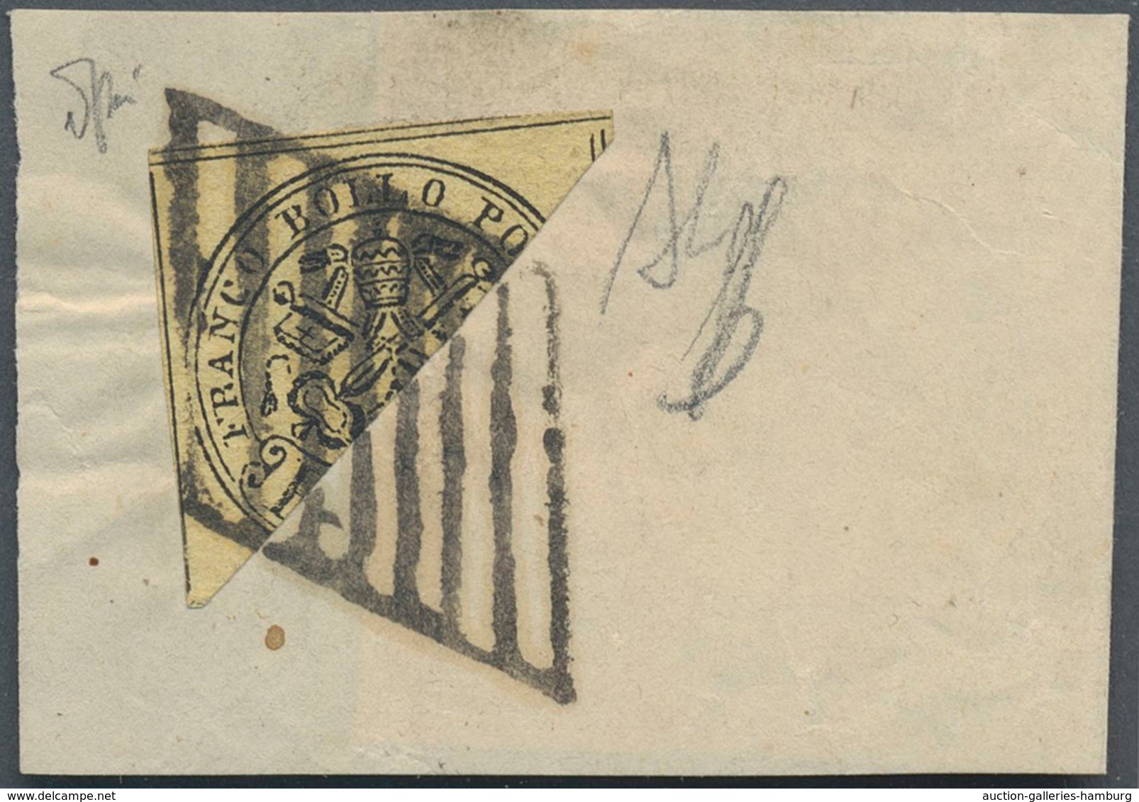 Italien - Altitalienische Staaten: Kirchenstaat: 1855, 4 Baj Black On Yellow, Diagonally Bisected On - Etats Pontificaux