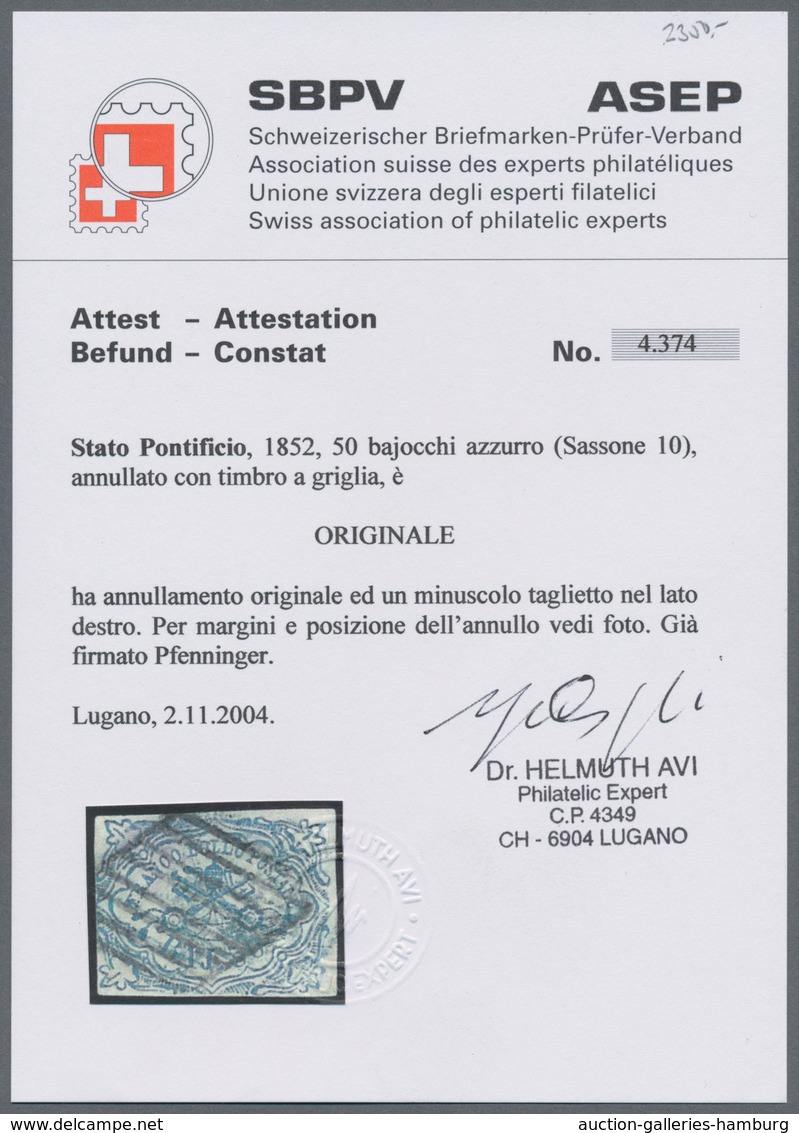 Italien - Altitalienische Staaten: Kirchenstaat: 1852, 50 Baj Blue Cancelled With Rhombus Stamp With - Papal States