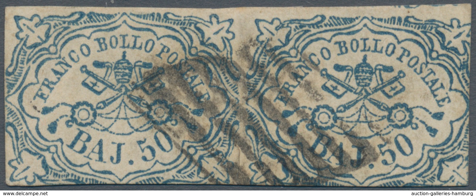 Italien - Altitalienische Staaten: Kirchenstaat: 1852: 50 Bajocchi Blue, Horizontal Pair, Cancelled - Estados Pontificados