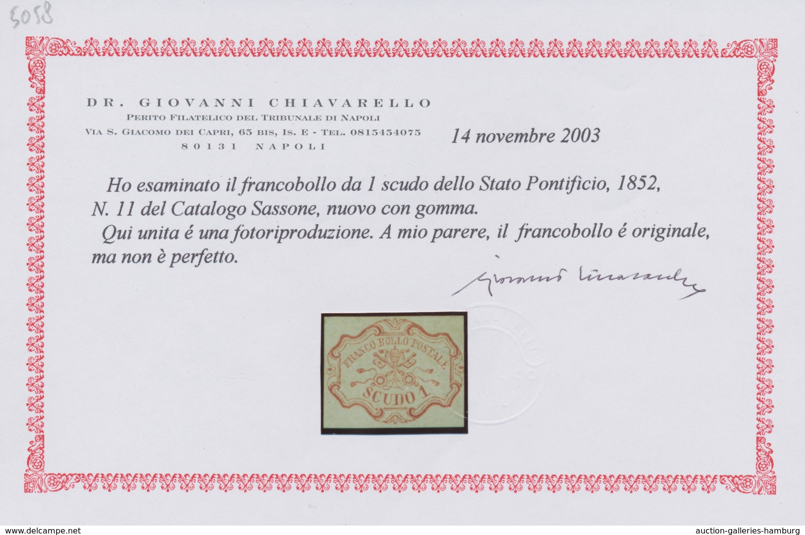 Italien - Altitalienische Staaten: Kirchenstaat: 1852, 1sc. Rose-carmine, Fresh Colour, Slightly Tou - Kirchenstaaten