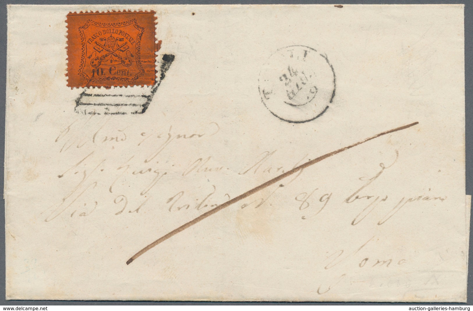 Italien - Altitalienische Staaten: Kirchenstaat: 1868, 10 C Black On Red Tied By Rhombus Cancel On F - Kirchenstaaten