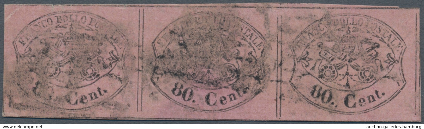 Italien - Altitalienische Staaten: Kirchenstaat: 1867, 80 Cents, Lilac Rose, Strip Of Three, Used, C - Kirchenstaaten