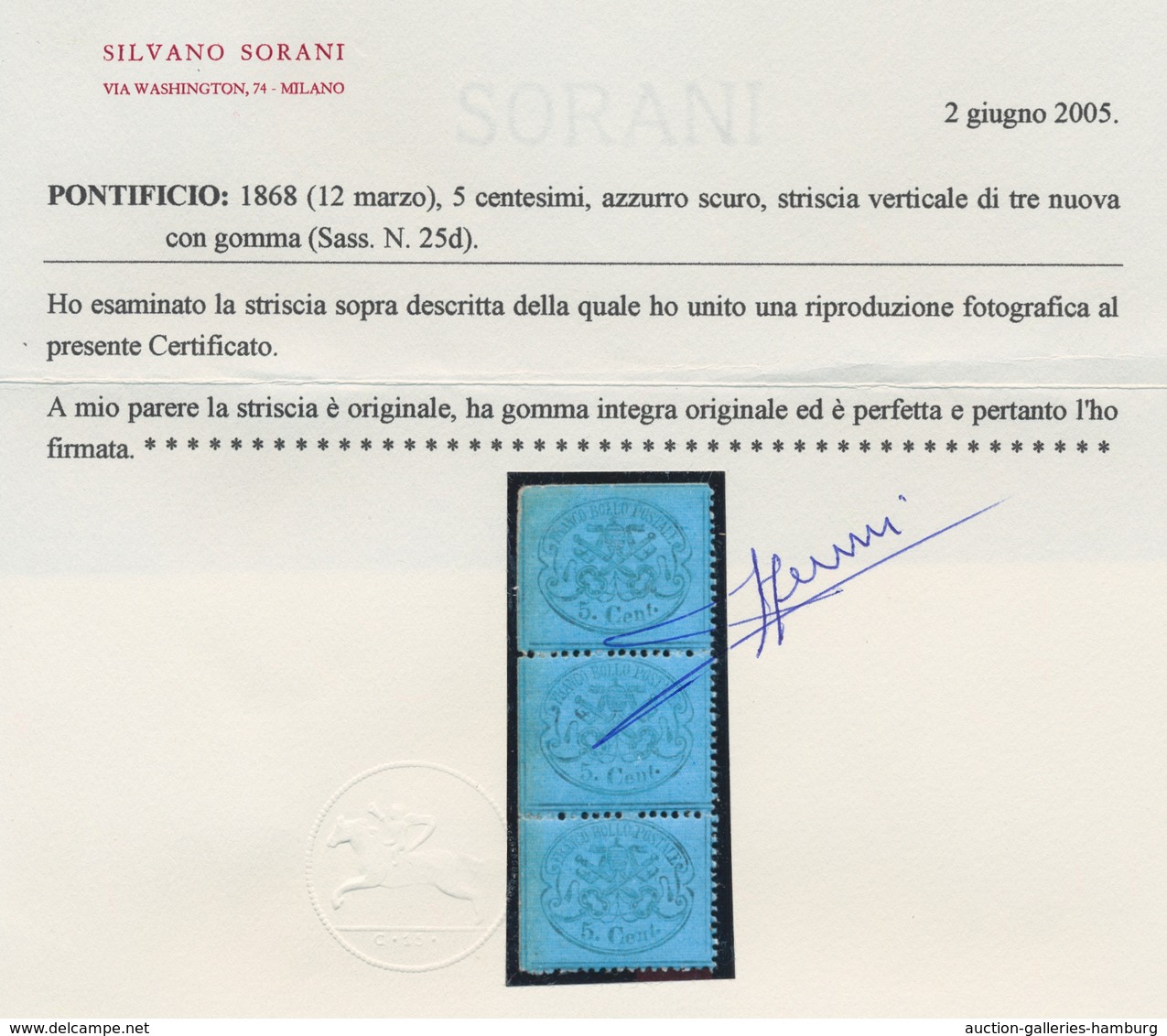 Italien - Altitalienische Staaten: Kirchenstaat: 1868, 5 Cent. Azzurro Scuro, 5c. Greenish Blue, Unm - Kirchenstaaten