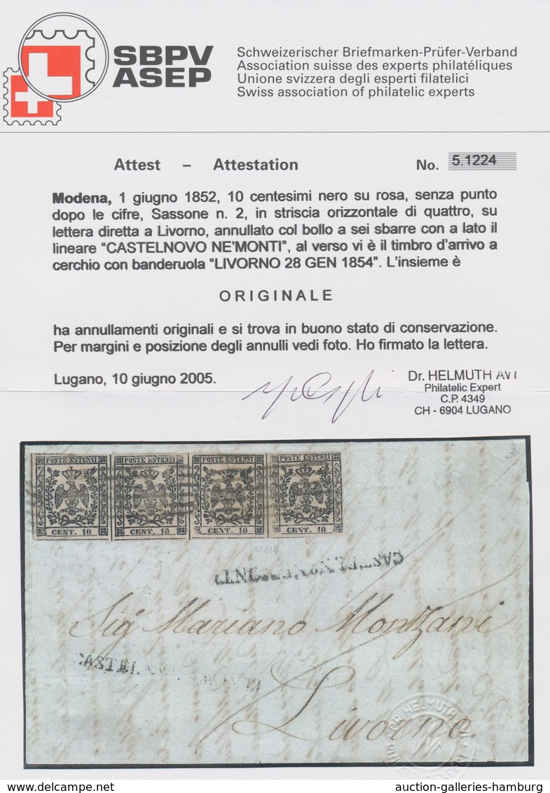 Italien - Altitalienische Staaten: Modena: 1852, 10 Cent Black On Rose Paper, Without The Point Afte - Modena