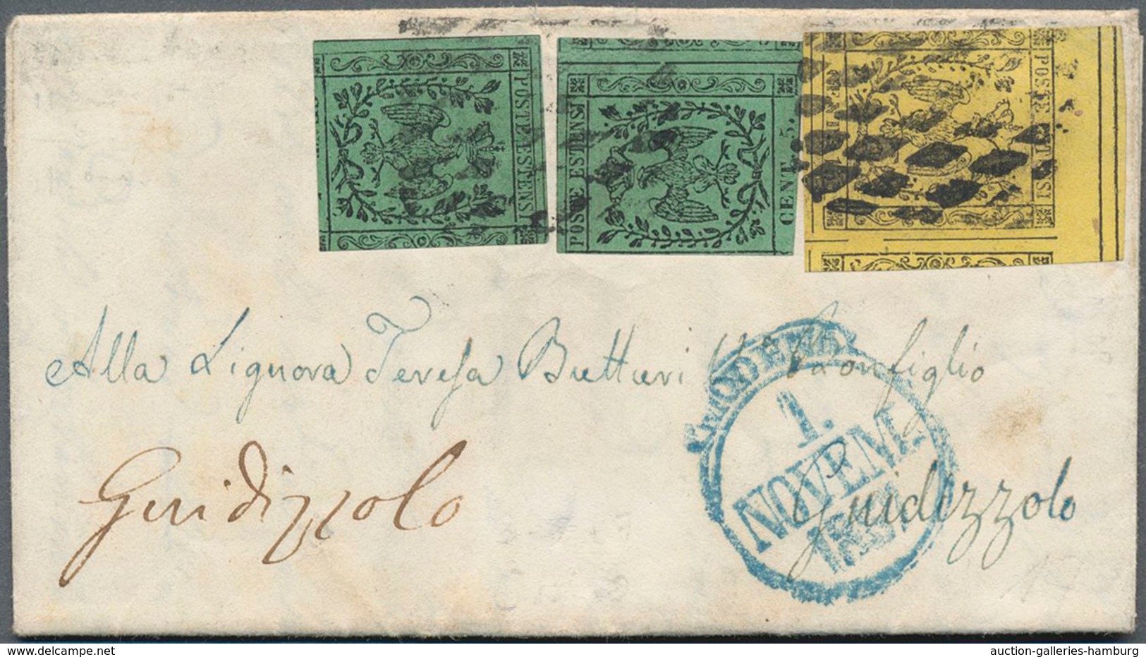 Italien - Altitalienische Staaten: Modena: 1852, 2 X 5 C Black On Green And 15 C Black On Yellow, Ea - Modena