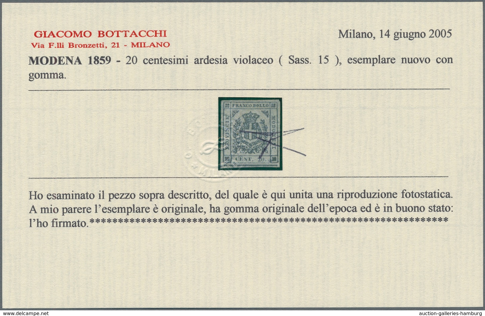 Italien - Altitalienische Staaten: Modena: 1859. Provisional Government. 20 Cent. Blue Violet, Mint - Modena