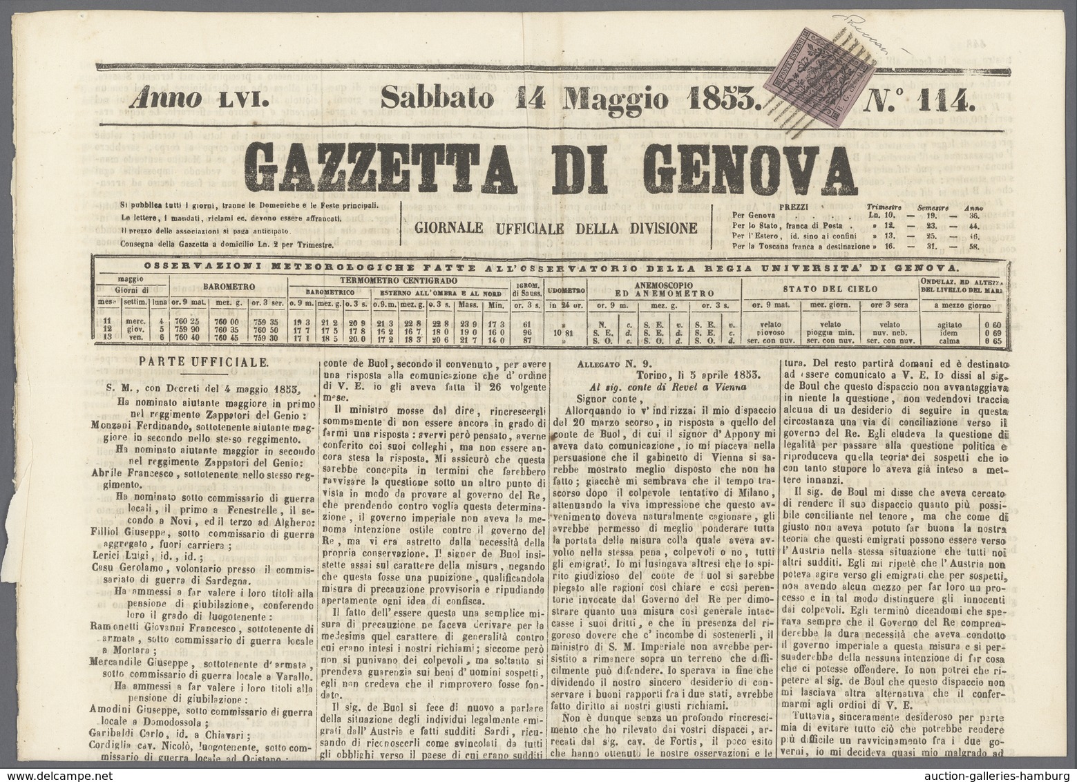 Italien - Altitalienische Staaten: Modena - Zeitungsstempelmarken: 1853, 9 C. Violett, Large B.G., ( - Modena
