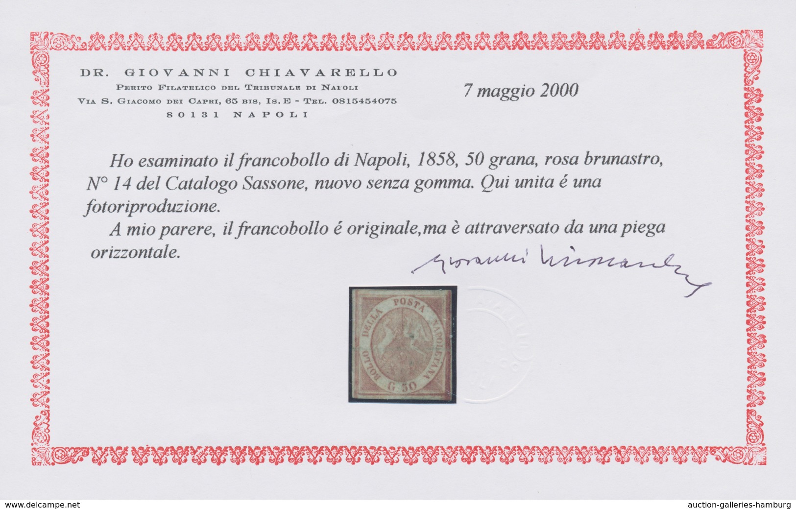 Italien - Altitalienische Staaten: Neapel: 1858, 50 Grana, Rose Brown, Unused Without Gum, Crossed B - Neapel