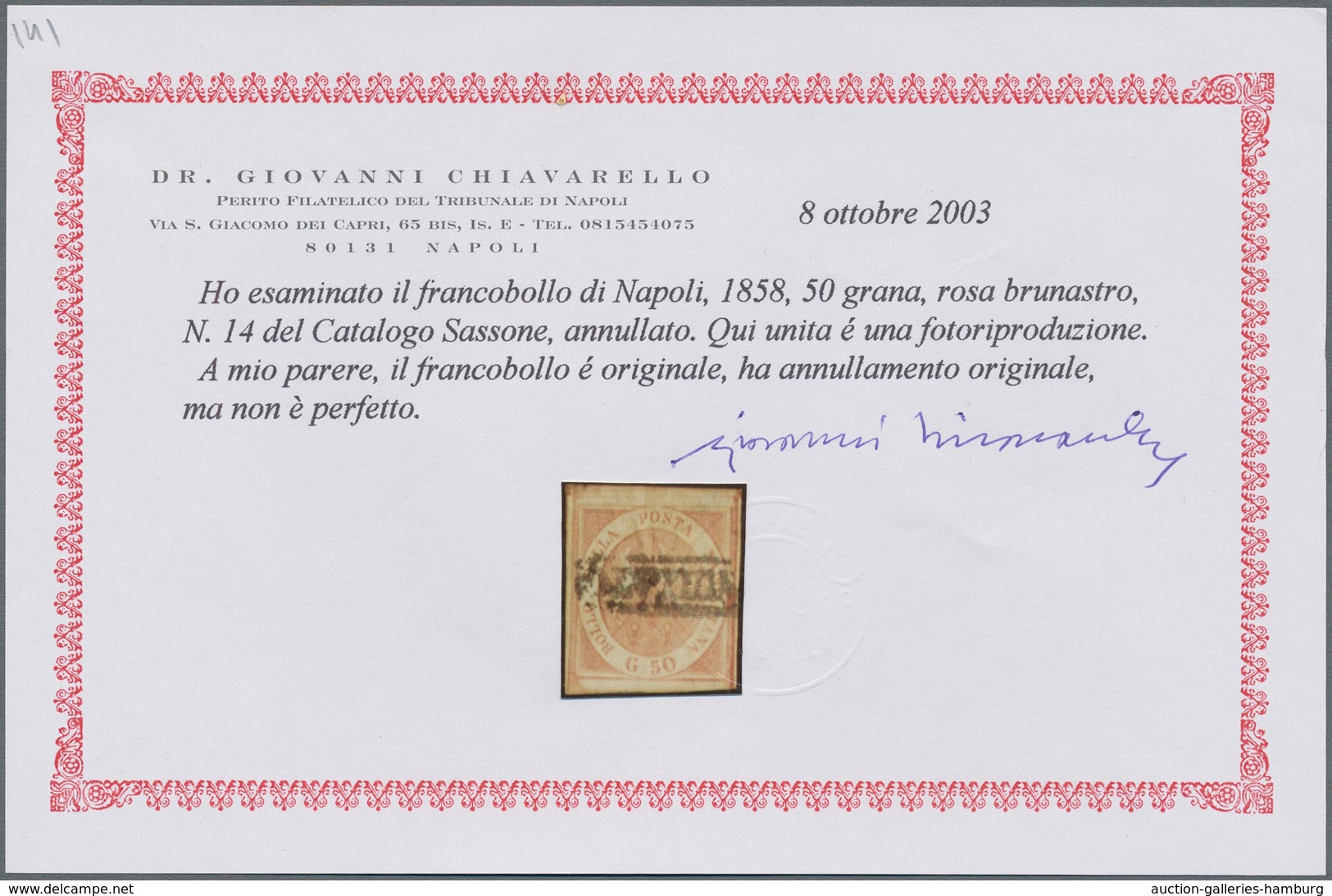 Italien - Altitalienische Staaten: Neapel: 1859. 50 Grana Brownish-rose, Cancelled With Part Of Fram - Neapel