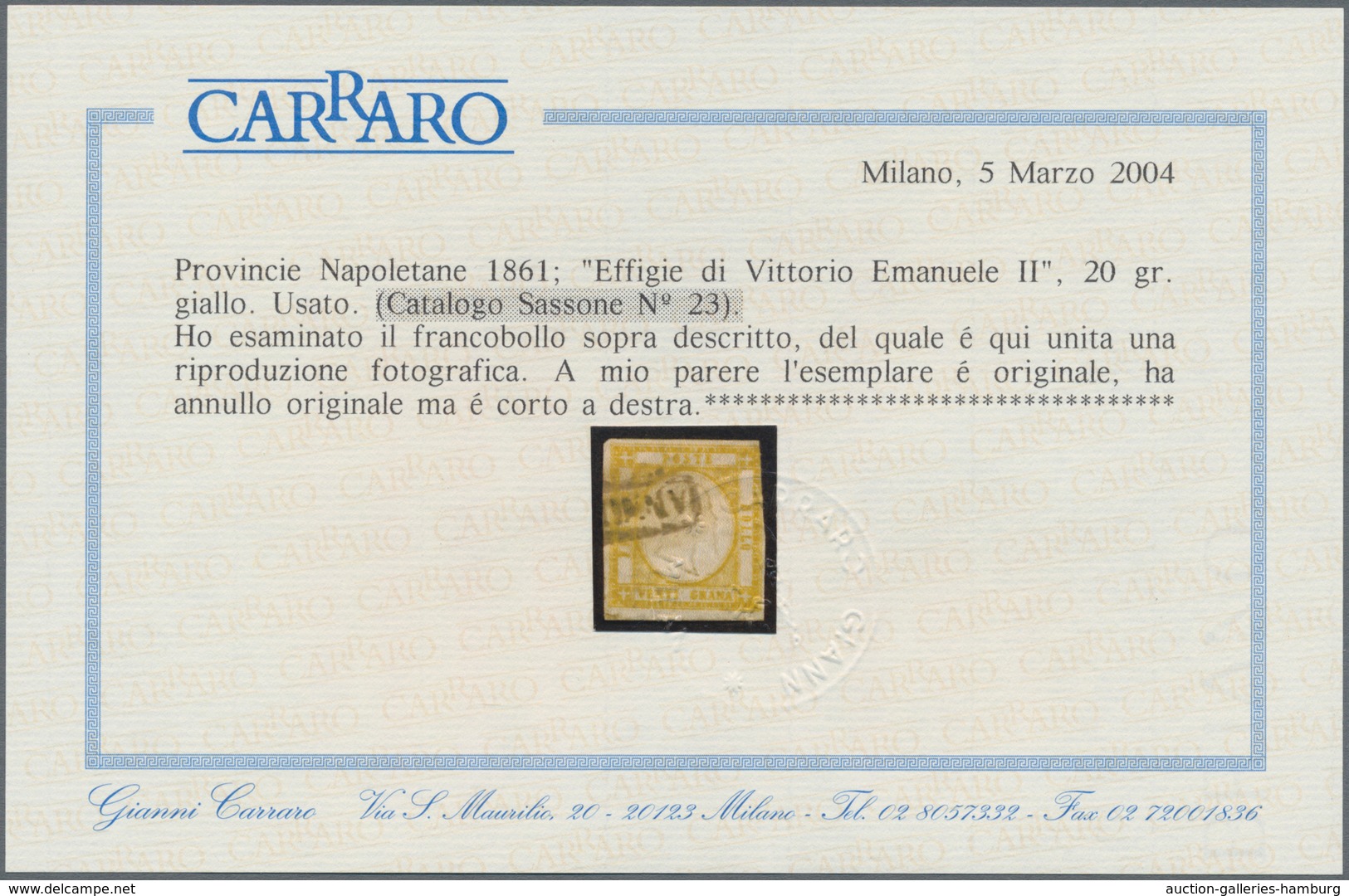 Italien - Altitalienische Staaten: Neapel: 1861, 20 Gr Yellow Cancelled, Three Sides Full Margins, T - Neapel