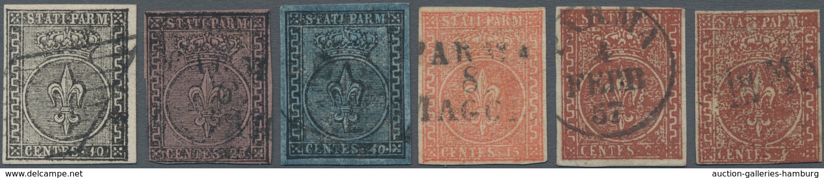 Italien - Altitalienische Staaten: Parma: 1852, Assembling Of Five Used Stamps Including 25 C. Signe - Parma