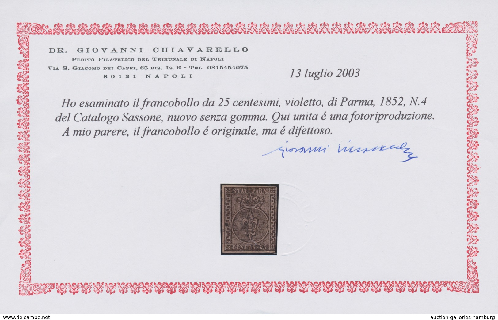 Italien - Altitalienische Staaten: Parma: 1852, 25c. Black On Violet, Fresh Colour, Cut Into At Lowe - Parma