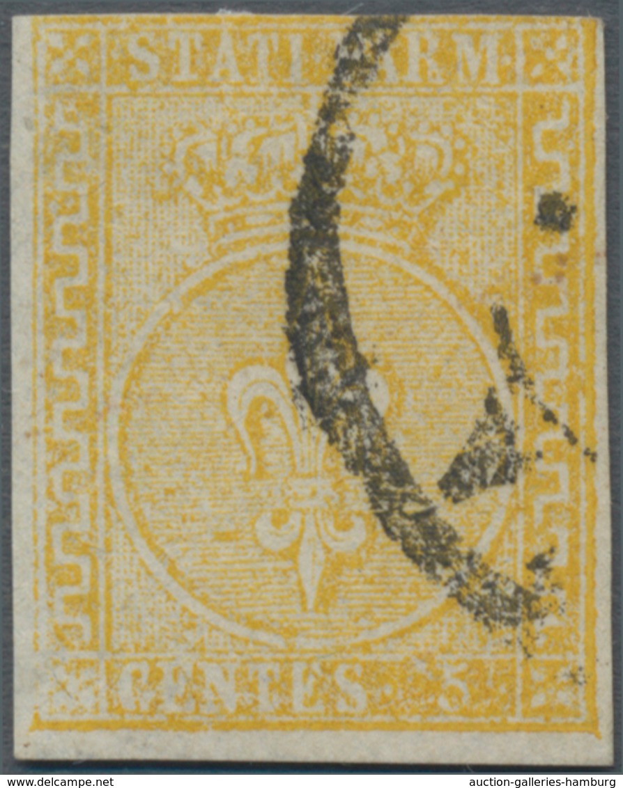 Italien - Altitalienische Staaten: Parma: 1854, 5 Cent. Yellow Cancelled, Three Sides Full Margins, - Parma