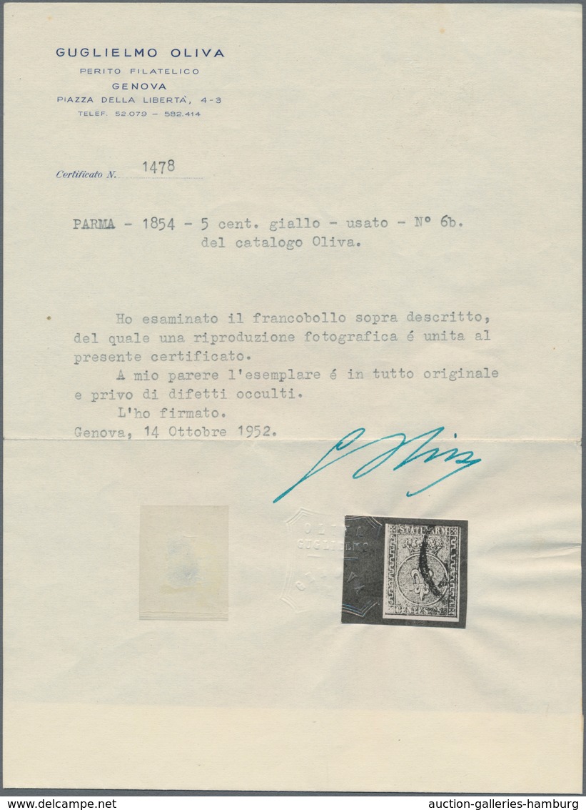 Italien - Altitalienische Staaten: Parma: 1854, 5 Cent. Yellow Cancelled, Three Sides Full Margins, - Parma