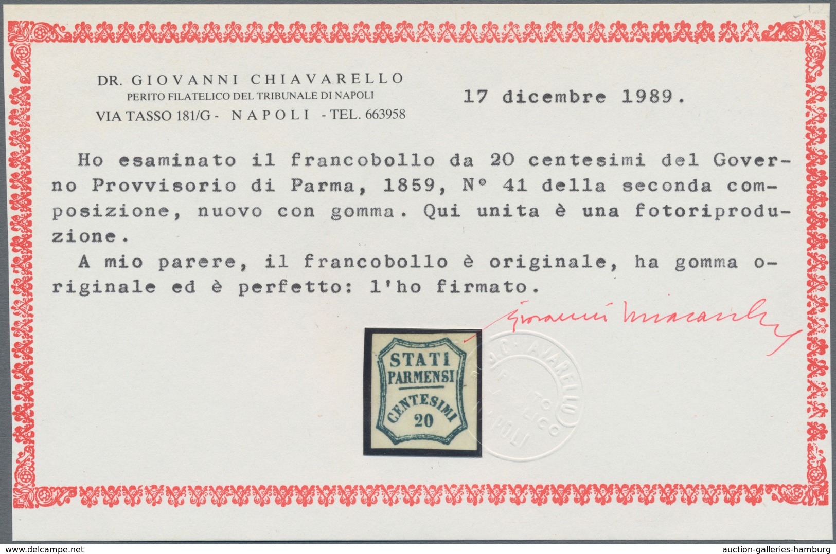 Italien - Altitalienische Staaten: Parma: 1859, 20 Cent. Blue Mint With Original Gum (No 41 Of The S - Parma