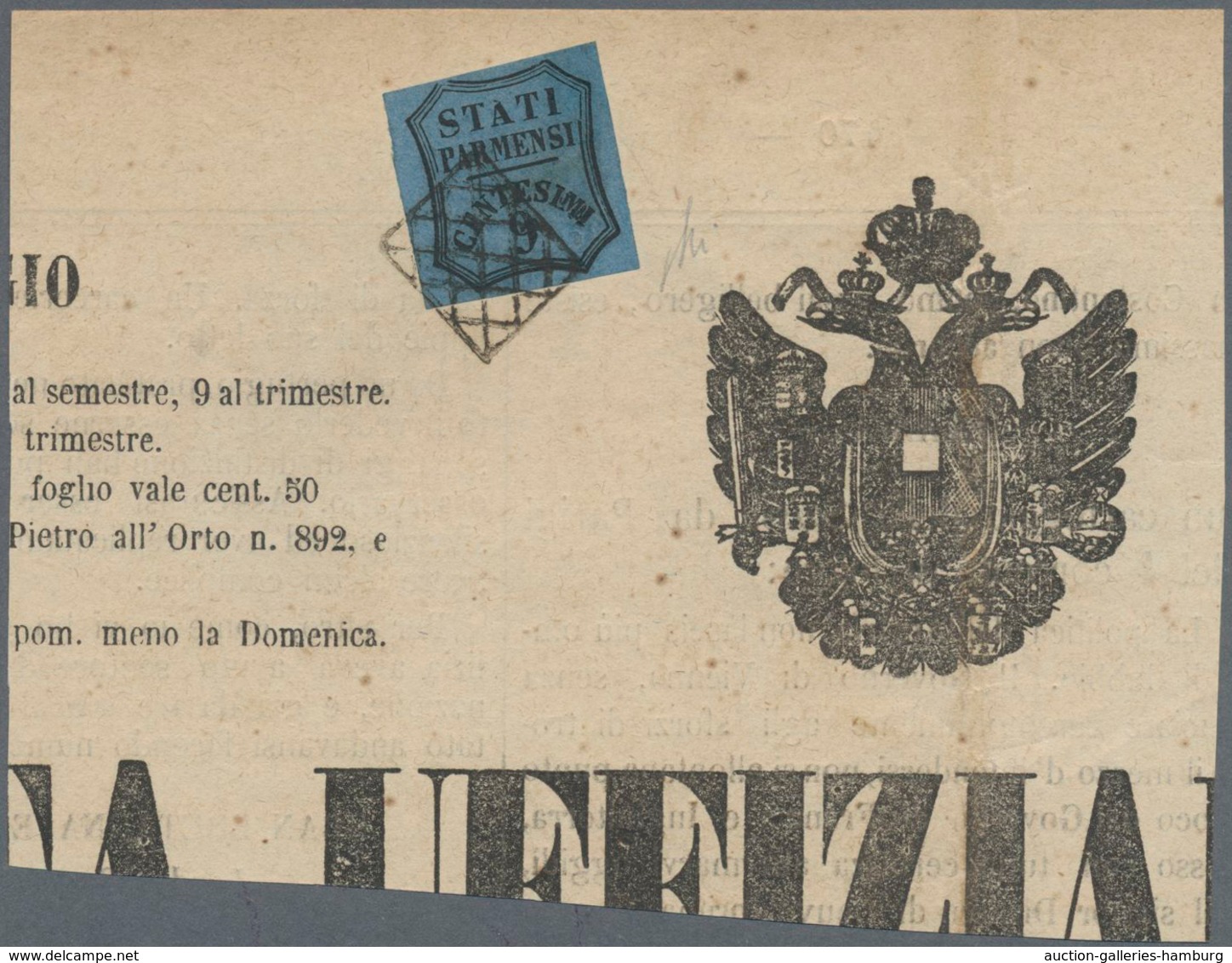 Italien - Altitalienische Staaten: Parma - Zeitungsstempelmarken: 1853, 9 Cent. Black On Blue Tied B - Parma