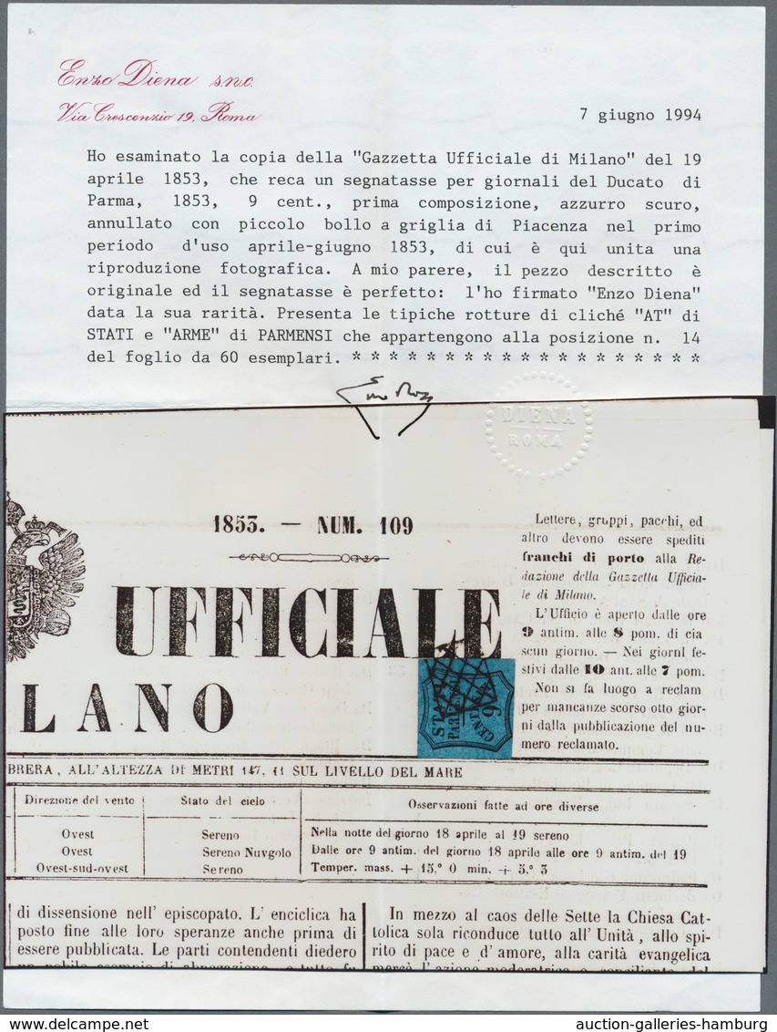 Italien - Altitalienische Staaten: Parma - Zeitungsstempelmarken: 1853, 9 C Black On Deep Blue, Good - Parma