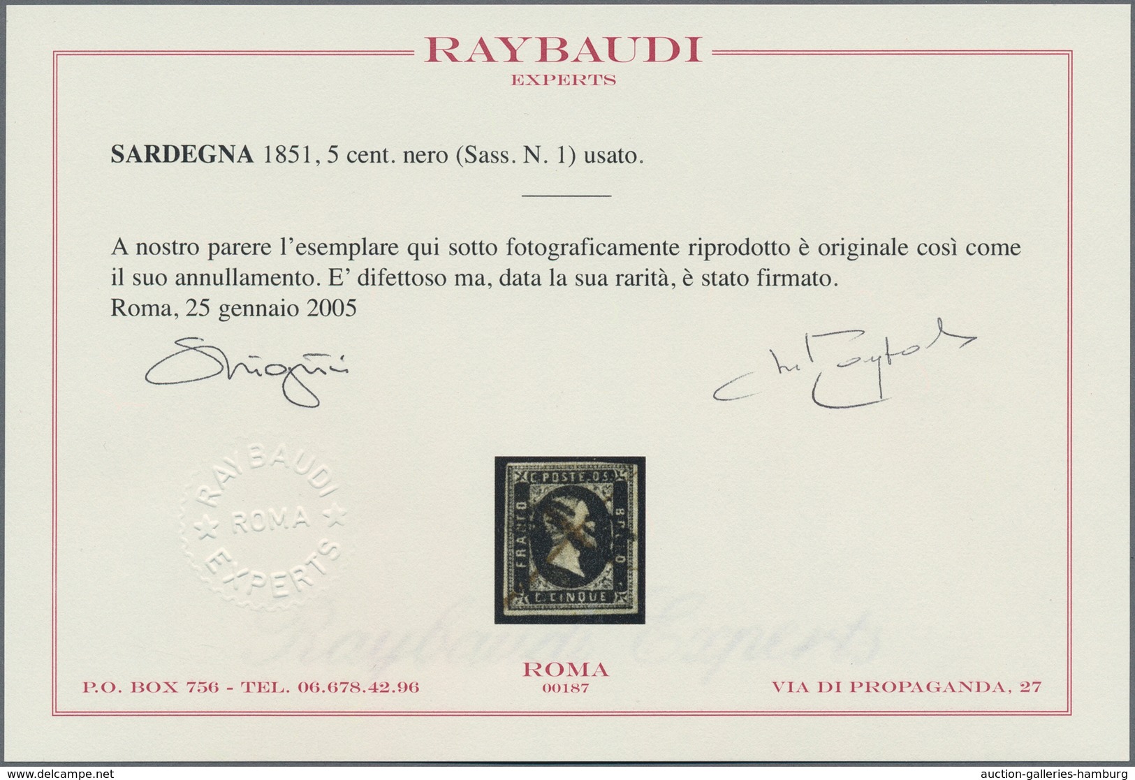 Italien - Altitalienische Staaten: Sardinien: 1851, 5 C Black, Close To Full Margins, Used With Pen - Sardinien