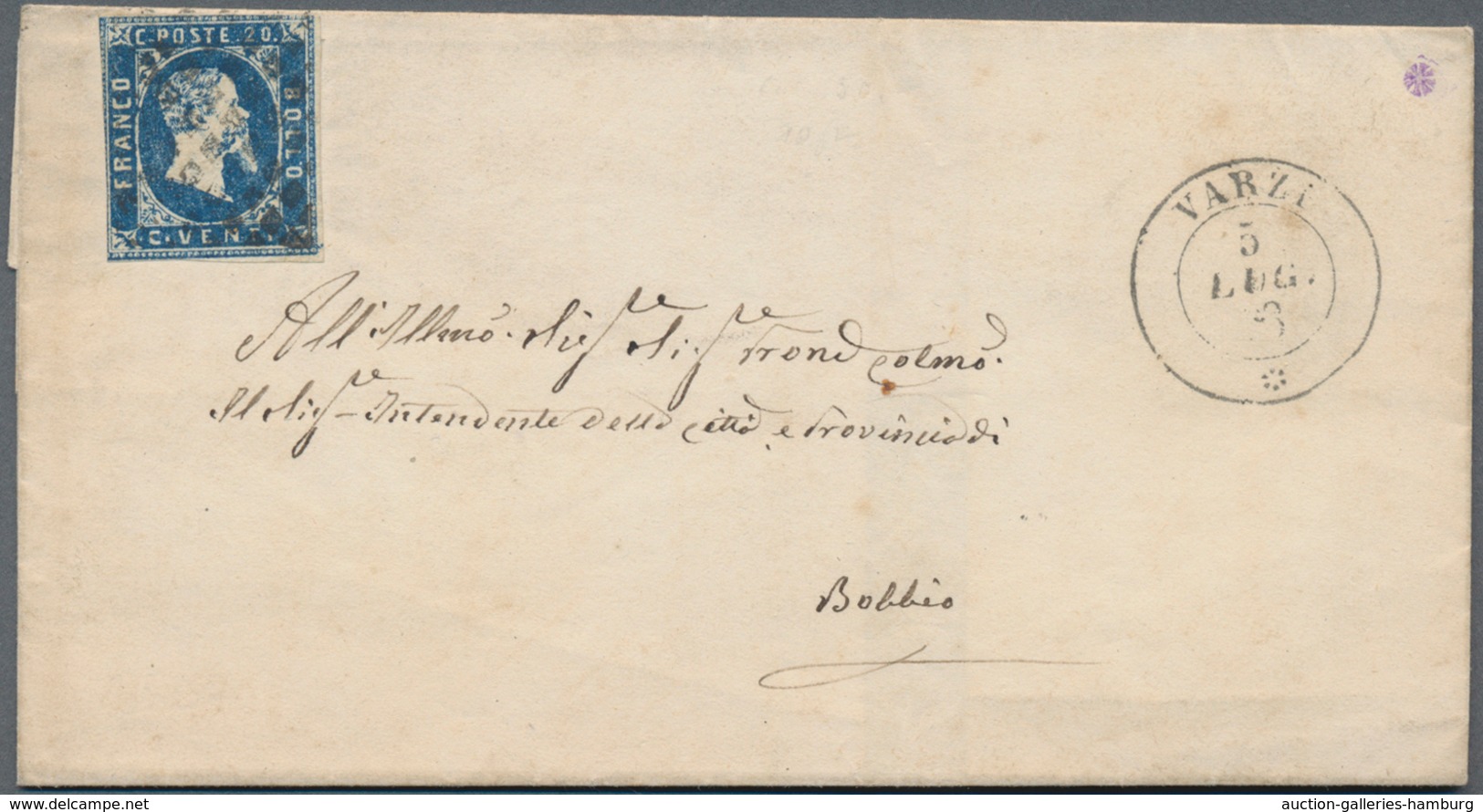 Italien - Altitalienische Staaten: Sardinien: 1851, 20c. Blue, Fresh Colour, Cut Into To Full Margin - Sardinia