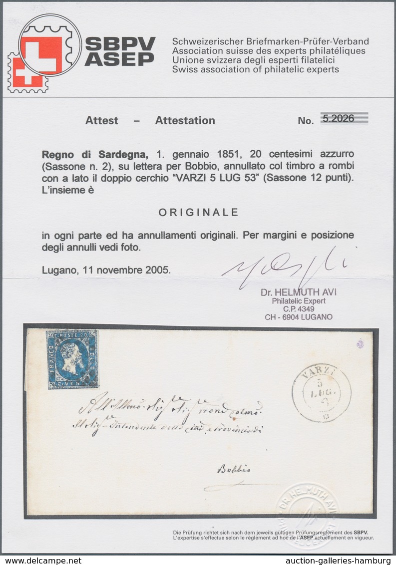 Italien - Altitalienische Staaten: Sardinien: 1851, 20c. Blue, Fresh Colour, Cut Into To Full Margin - Sardinia
