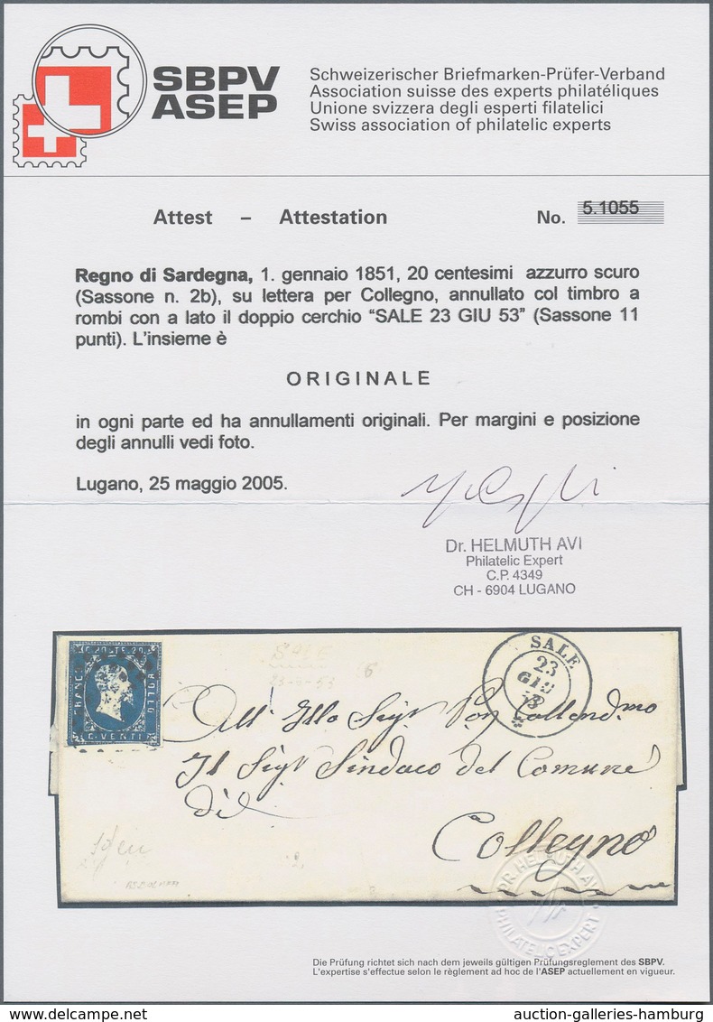 Italien - Altitalienische Staaten: Sardinien: 1851, 20 C Deep Blue, Three Margins, At Bottom Cut, Ti - Sardinien