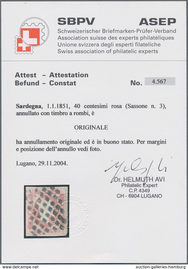 Italien - Altitalienische Staaten: Sardinien: 1851. 40 Centesimi Rose, Cancelled By Mute Sarde Rhomb - Sardinia