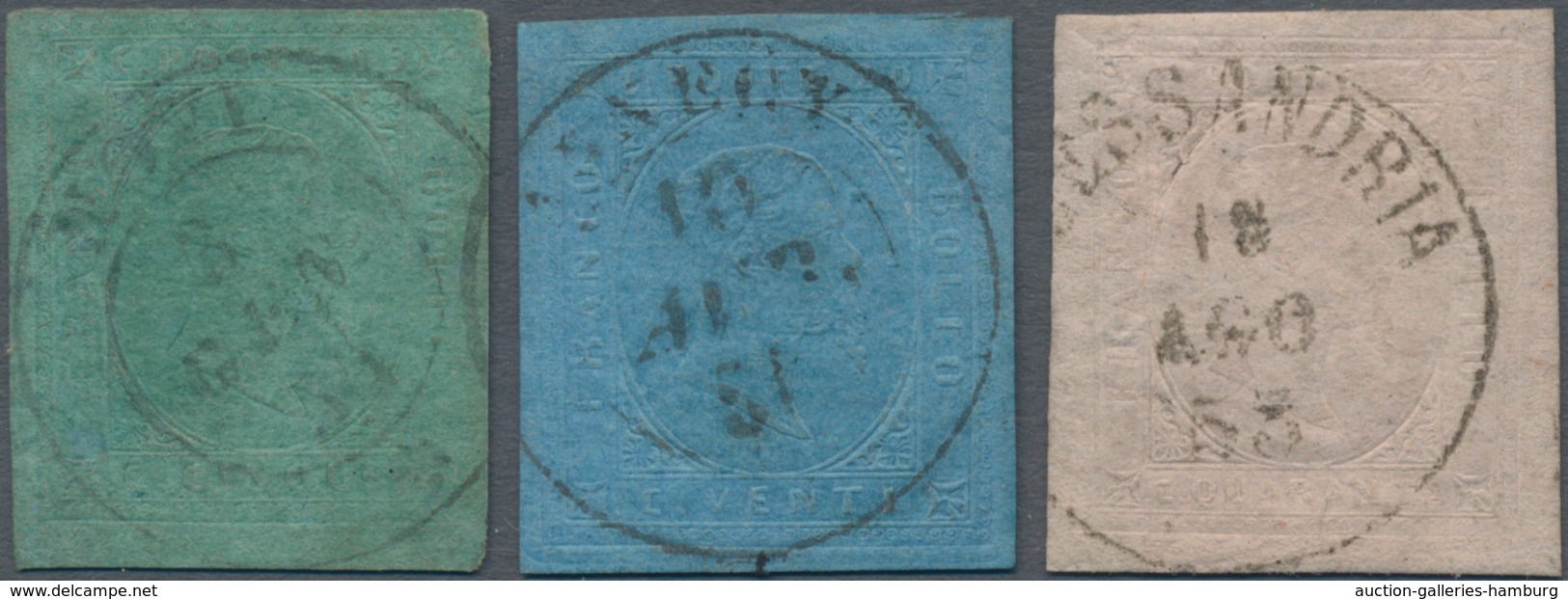Italien - Altitalienische Staaten: Sardinien: 1853, 5 C Blue-green, 20 C Blue And 40 C Rose With Cle - Sardinien