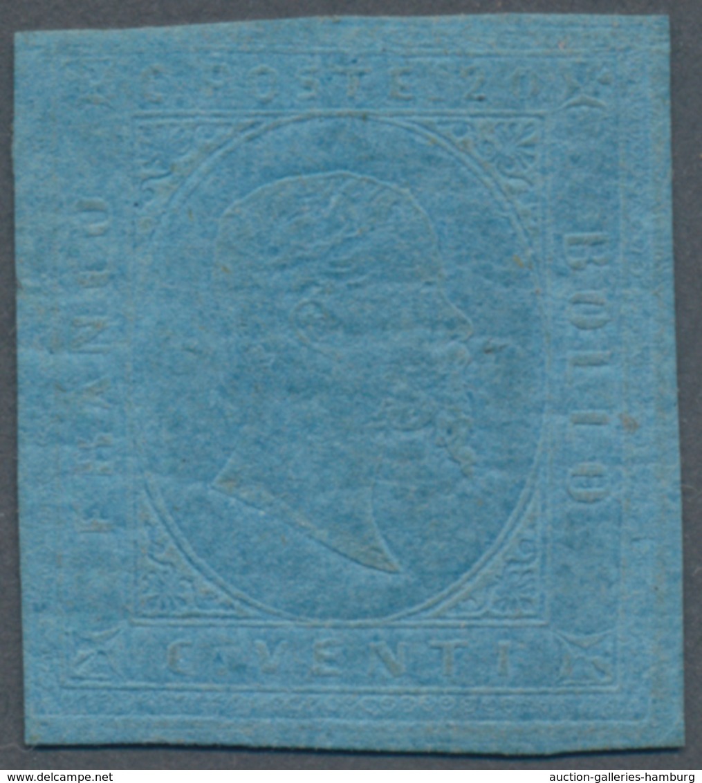 Italien - Altitalienische Staaten: Sardinien: 1853. 20 C Blue, Slightly Cut In At All Sides, Mint Wi - Sardinia