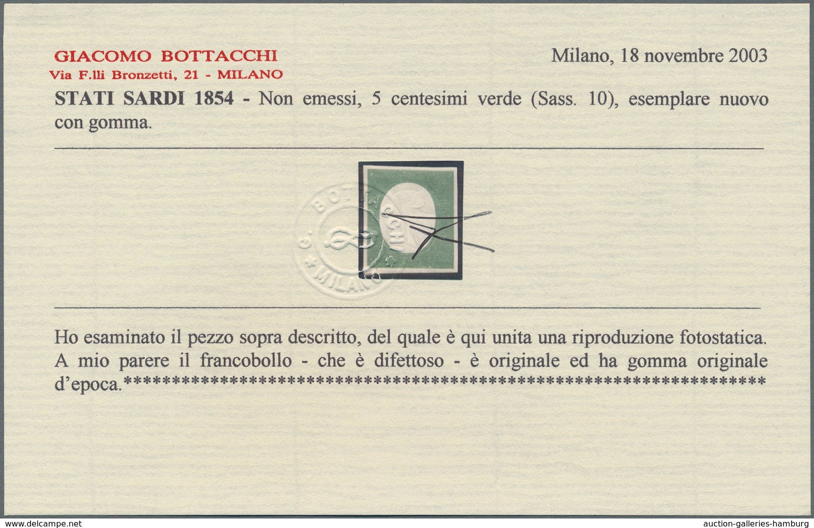 Italien - Altitalienische Staaten: Sardinien: 1854. NOT ISSUED 5 Centesimi Green, Mint With Gum, Usu - Sardinia