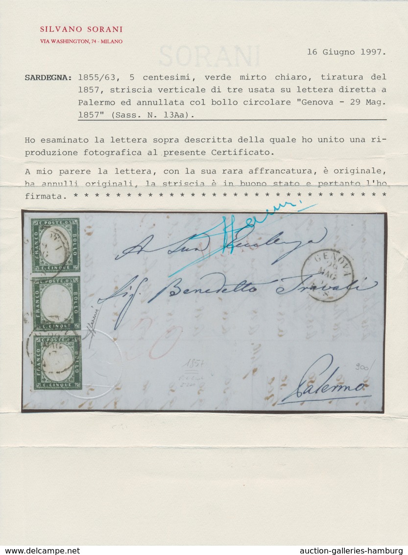 Italien - Altitalienische Staaten: Sardinien: 1855: 5 Centesimi Light Myrtle Green, 1857 Printing, V - Sardinia
